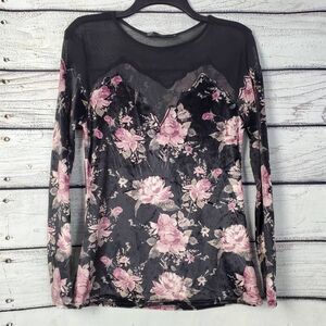 BKE Boutique Women's M Black Mesh Velvet Floral Print Long Sleeve Top Scalloped